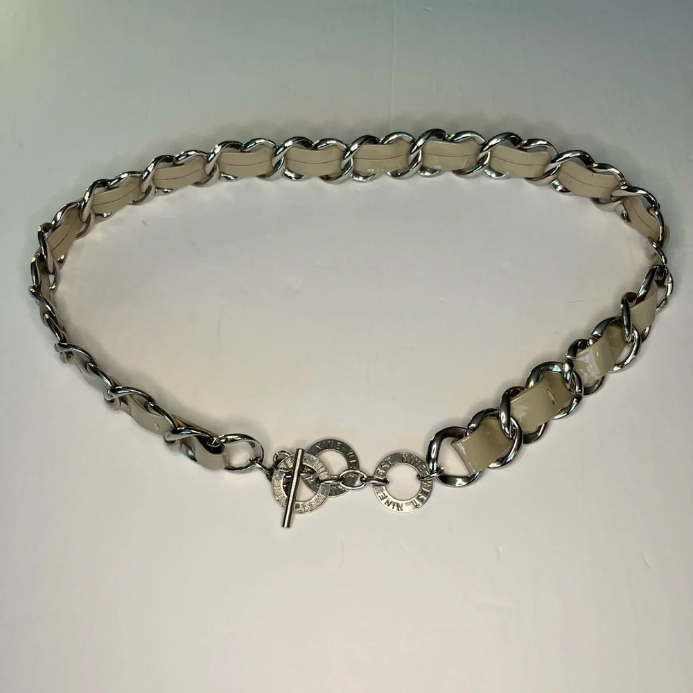 Nine West Women's Vinyl Taupe‎ Inlay Chain Link Sliver Belt Size 32” Length